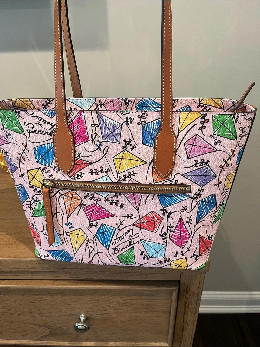 Dooney & Bourke Pink Multicolor Kite Print Tote with Tan Straps